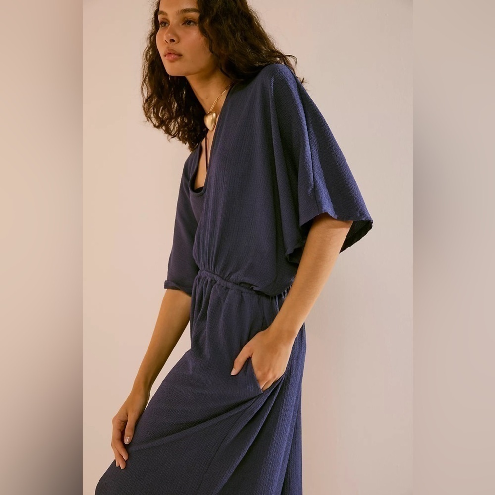 FREE PEOPLE “ Venus One Piece” women’s butterfly sleeve jumpsuit in blue XS nwt - Picture 2 of 16